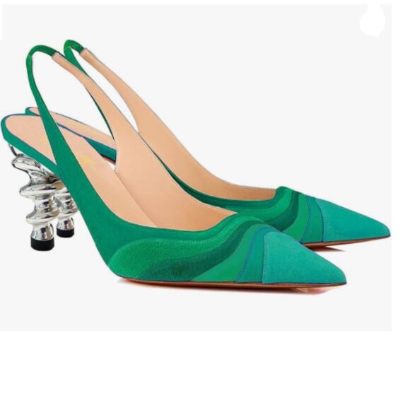 FOWT Green Rainbow Color Stripes Strange Spiral High Heel Pumps - Picture 1 of 8